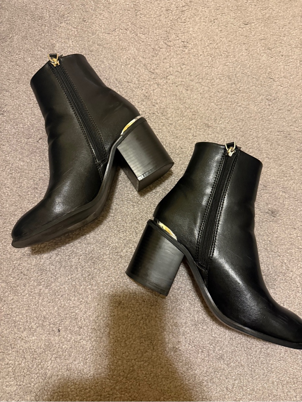 Classic Black Leather Block Heel Ankle Boots with Zip